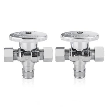 Imagem de Pacote com 2 válvulas de parada de ângulo de saída dupla, válvula de ângulo de giro de 1/4, válvula de fechamento de pia de compressão Niikappu 1/5.1 cm Pex A x 3/20.3 cm OD x 3/20.3 cm OD, latão