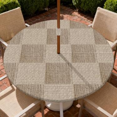 Imagem de COTAIL Toalha de mesa redonda para uso ao ar livre com zíper e orifício para guarda-chuva, toalha de mesa elástica à prova d'água a óleo para pátio, piquenique, acampamento, jardim, serve para mesa