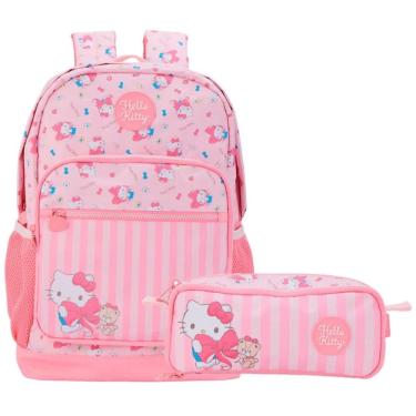 Imagem de Kit Mochila de Costas G + Estojo Duplo Hello Kitty Xeryus Oficial | Estampa Listrada Pink