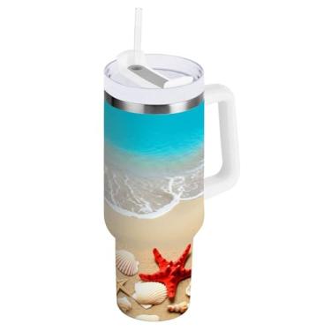 Imagem de Kigai Copo térmico de 1,134 g com alça, estrela do mar e conchas de praia com tampa e canudo, garrafa de água esportiva de metal grande, caneca de café de viagem de aço inoxidável
