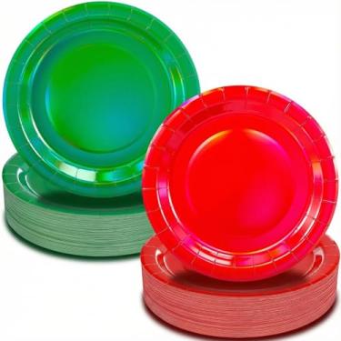 Imagem de Pasimy 120 peças de pratos de papel de Natal, pratos de jantar de cor sólida, 22 cm, descartáveis, para festas de Natal, suprimentos de sobremesa, prato de papel de cor redonda para Natal, inverno