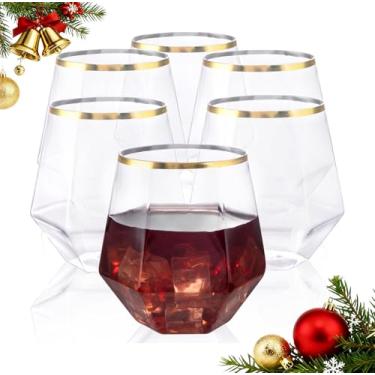 Imagem de LUODA 32 Pack Gold Plastic Stemless Wine Glasses, 12 Oz Disposable Diamond Shaped Wine Glasses, Clear Plastic Whiskey Glasses with Gold Rim For Serving White Wine, Red Wine, Cocktail, Whiskey