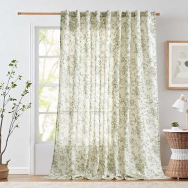Imagem de Cortina Jinchan de Lino Floral con Peonía, 213x274 cm, Verde