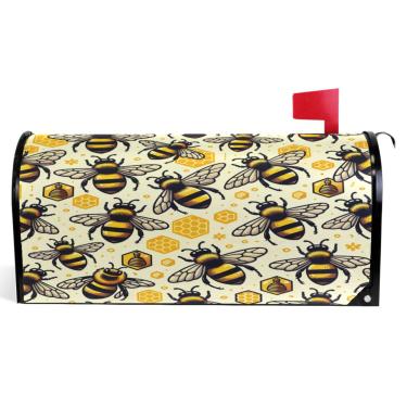 Imagem de TSENQUE Capas magnéticas decorativas para caixa de correio de outono caixa de correio de vinil decoração de casa de fazenda ao ar livre abelhas fofas favo de mel tamanho padrão 52,6 x 45,8 cm