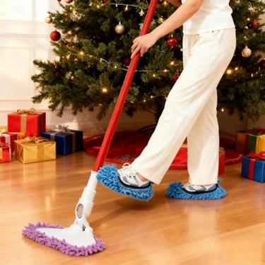 Imagem de 2 pares de chinelos de esfregão de microfibra, chinelos reutilizáveis laváveis para limpeza de piso para pisos de madeira e azulejos, capas de sapatos de limpeza macias para esfregar poeira seca e