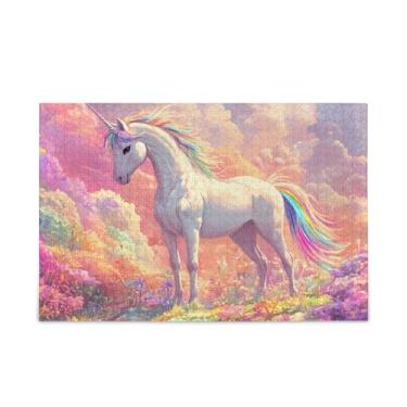Imagem de Quebra-cabeça de 500 peças de flores coloridas de unicórnio, material de madeira e papel, quebra-cabeças difíceis para adultos
