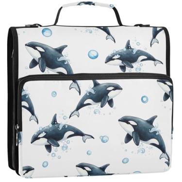 Imagem de Organizador de fichário de tecido com zíper de 3 cm 3 anéis, pasta de armazenamento azul orcas para uso pesado com alça para fichários escolares com alça de ombro, 34,5 x 31,5 x 9 cm