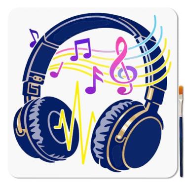 Imagem de MAYJOYDIY Estêncil de fone de ouvido com notas musicais reutilizáveis, estêncil para pintura, modelo de desenho de bastão musical de 28 x 11 cm com pincel de pintura para decoração de papel e tela de