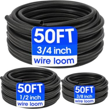 Imagem de Tear de arame de 0,9 cm, 1/5.1 cm, 3/4 polegadas x 50 pés, conduíte de fio de tubulação de tear de fio dividido, mangas de cabo, kit de proteção de conduíte elétrico flexível a granel, preto