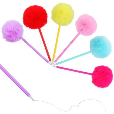 Imagem de Heclia 6 canetas esferográficas fofas pompom com pontas difusas, canetas de tinta de gel, coloridas e fofas, tinta azul escura, para uso doméstico, escritório, presente