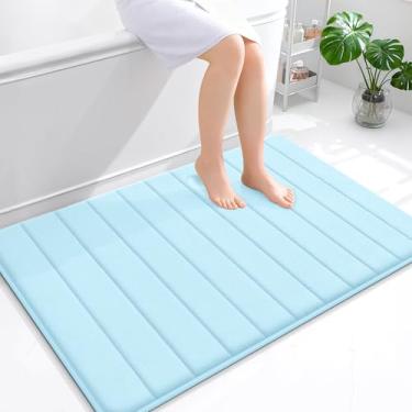 Imagem de OLANLY Tapete de banho listrado de espuma viscoelástica 111 x 81 cm, tapetes de banheiro absorventes super macios, secagem rápida, tapetes de chuveiro laváveis na máquina, tapete de banho, acessórios