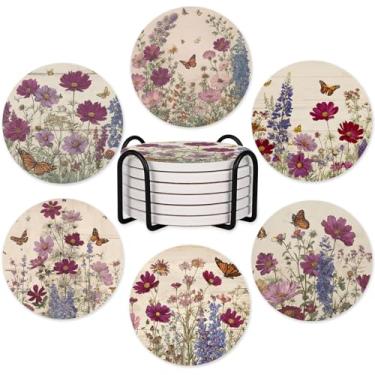 Imagem de 6 peças de porta-copos florais com suporte, flores elegantes de cerâmica redonda absorvente conjunto de 6 para bebidas mesa de café porta-copos decoração de casa proteção de mesa