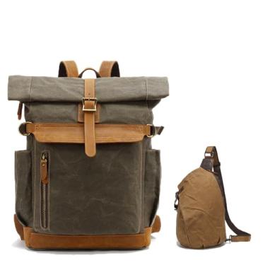 Imagem de Mochila De Lona Encerada à Prova D'áGua Com Detalhes Em Couro E Bolsa Frontal | Estilo Vintage, Bolso Antifurto E AlçAs AjustáVeis ​​Para Viagens E Uso DiáRio.