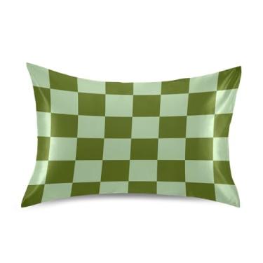 Imagem de Capas de almofada xadrez verde xadrez xadrez fronha de seda para cabelo e pele macia respirável refrescante fronha de travesseiro king size para quarto de mulheres meninas meninos (50 x 76 cm)