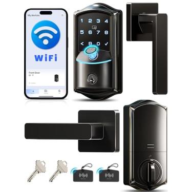 Imagem de Veise VE027-L Fechadura de porta inteligente WiFi integrada com conjunto de maçanetas, entrada sem chave de impressão digital com controle remoto de aplicativo, fechadura de teclado retroiluminada com