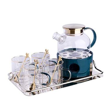 Imagem de Conjuntos de bule de chá de vidro transparente com 6 colheres de chá, bandeja de aquecedor de cerâmica, chaleira floral, estilo moderno, máquina de chá, filtradora, bule de chá e xícaras