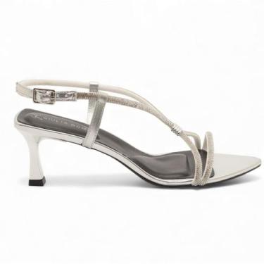 Imagem de Sandália Giulia Domna Salto Taça Médio Bico Folha Strass, Prata, 36