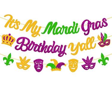 Imagem de It's My Mardi Gras Birthday Y'all Banner Carnaval Máscara de baile de máscaras Fat Tuesday New Orleans Fleur De Lis Tema Happy Birthday Party Supplies
