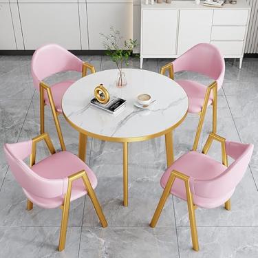 Imagem de Mesa redonda de recepção mesa de negociação de escritório e combinação de cadeira, conjunto de mesa de jantar e cadeira de café para 4, para lounge, sala de estar, cozinha (rosa)