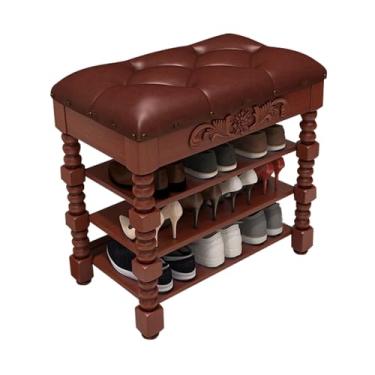 Imagem de Banco rústico de armazenamento de sapatos com assento de couro PU, organizador de sapateira de entrada de 2 camadas, móveis de corredor de madeira de 80 cm para sala de estar - marrom