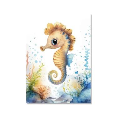 Imagem de Impressão de berçário de animais oceânicos desenho animado tartaruga marinha baleia pôster aquarela animais marinhos pintura em tela decoração de parede quarto infantil (SKU1,30,5x40.6 cm = (30x40 cm