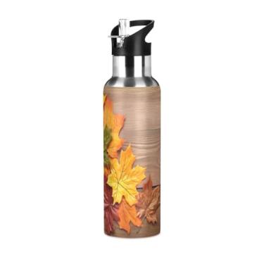 Imagem de Burbuja Garrafa de água de aço inoxidável Maple Leaves on Wood, garrafas de água isoladas a vácuo com tampa de canudo para esportes, academia, escola - à prova de vazamento e suor, sem BPA, 590 ml