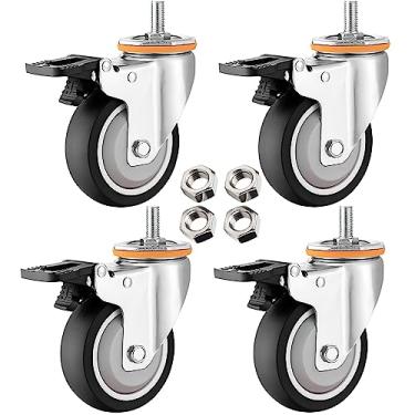 Imagem de Rodas giratórias resistentes M10 M12 Pacote com 4 - Borracha TPR de 6,3 cm 7,6 cm 10,2 cm 12,7 cm com freios de travamento duplo, rodízios de substituição ideais para móveis e carrinhos