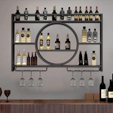 Imagem de Rack de vinho flutuante com suporte de taça de vinho, prateleira de vinho de ferro, prateleira de exibição de garrafa de licor montada na parede com luz LED, prateleiras de armazenamento suspenso
