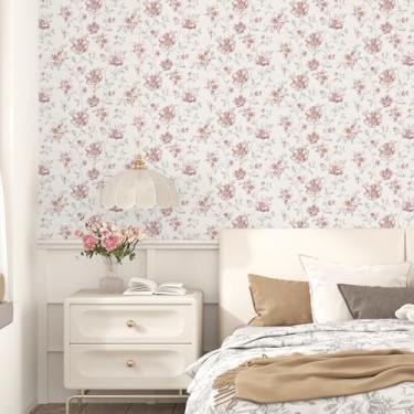 Imagem de EPPKILY Papel de parede floral rosa para descascar e colar papel de parede vintage floral rosa papel de parede autoadesivo removível para paredes armários de quarto de meninas forro de prateleira