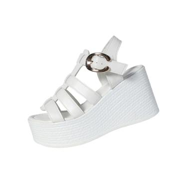 Imagem de Sandálias femininas modernas, casuais, confortáveis, lisas, bico redondo, fivela de bico aberto, cabedal de poliuretano, Branco, 35