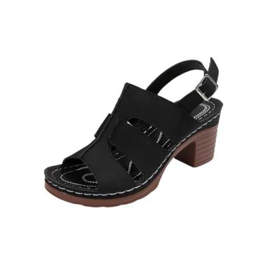 Imagem de Sandálias femininas de uma tira com bico redondo e salto grosso, um design versátil para conforto casual, Preto, 35
