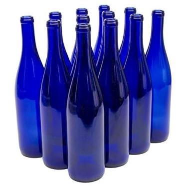 Imagem de North Mountain Supply Garrafa de vinho California Hock de vidro de 750 ml com acabamento de cortiça de fundo plano - Caixa com 12 - Azul cobalto