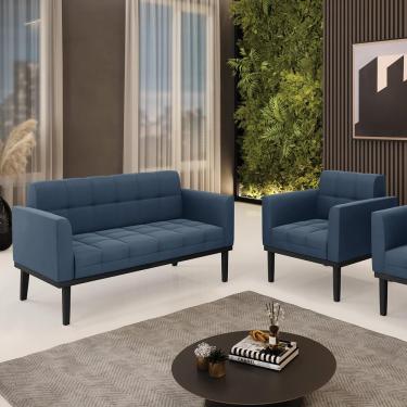 Imagem de Conjunto Poltrona e Namoradeira Decorativa Karen Pés Fixo em Madeira Preto Suede Azul Marinho G19 - Gran Belo