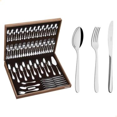 Imagem de Faqueiro Tramontina Cannes Em Aço Inox Facas De Mesa Forjadas Estojo De Madeira 76 Peças 66979300