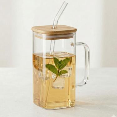 Imagem de Copo Caneca de Vidro Borossilicato com alça e tampa de madeira e canud