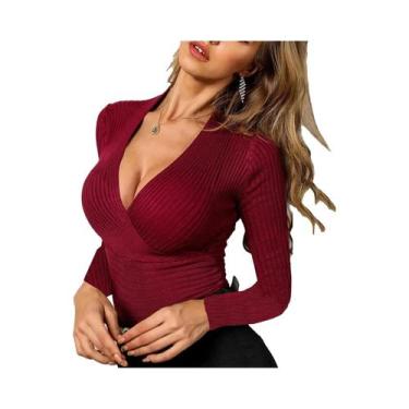 Imagem de Suéter Feminino Slim Fit Com Decote Em V Tricotado Preto E Branco Eleg