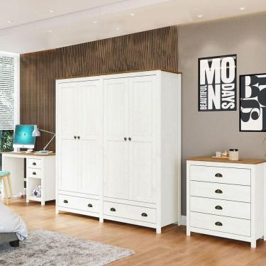 Imagem de Conjunto Quarto Topázio com Guarda-Roupa 4 Portas e Cômoda 4 Gavetas em Madeira Maciça Branco-Freijó