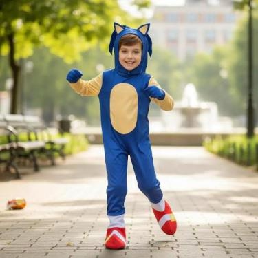 Imagem de Macacão Fantasia Sonic Azul Completa Deluxe Com Luvas Touca - Baby Plu