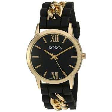 Imagem de Relógio feminino XOXO de quartzo dourado com pulseira de silicone preta, elegantes elos de corrente dourados, mostrador numeral romano, mostrador analógico