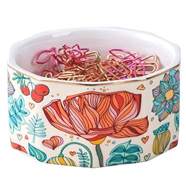 Imagem de YOSCO Suporte de clipe de papel cerâmico organizador de dispensador de clipe de papel para mesa bonito escritório suporte de clipe de clipe Bobby Pin e clipe de cabelo (01-flor)