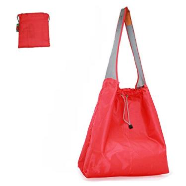 Imagem de EcoJeannie Saco de compras Ripstop de nylon dobrável reutilizável com bolsa e bolso interno, cordão, Vermelho