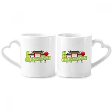 Imagem de Conjunto de canecas de porcelana para casais, lanternas de bambu, verde, China Town, conjunto de canecas de cerâmica