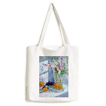 Imagem de Bolsa de lona com pintura de vaso de flor e uva bolsa de compras casual bolsa de mão