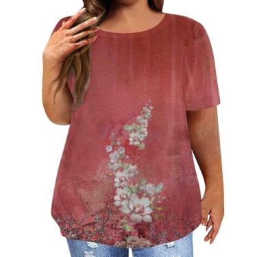 Imagem de Plus size verão topos para mulher 2023 o pescoço manga curta gráfico impresso solto túnica blusas casuais Básico Camisa Estética feminina Camiseta feminina flor floral B36-Vinho 5X-Large