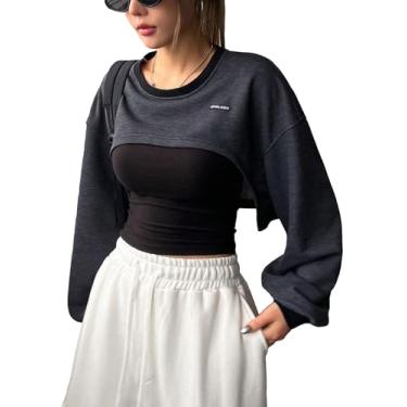 Imagem de RoseSeek Camiseta feminina de manga comprida com estampa de letras e gola redonda Bolero de ombros moda urbana, Cinza escuro, P