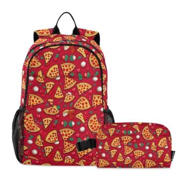 Imagem de CHIFIGNO Mochila rosa vermelha turquesa rosa para crianças, meninos, meninas, mochila escolar com lancheira, Pizza de desenho animado, One Size
