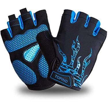 Imagem de TOPIND Luvas de mountain bike para homens e mulheres, luvas de bicicleta suja, meio dedo com almofada de gel, absorção de choque, antiderrapante, luvas de ciclismo respiráveis (azul, M)