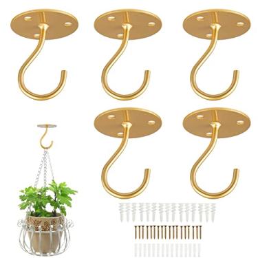 Imagem de Ganchos de teto para pendurar plantas - cabides de metal resistentes para pendurar comedouros de pássaros, plantadores, sinos de vento, incluem âncoras profissionais de drywall (pacote com 5) (ouro
