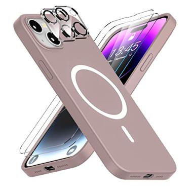 Imagem de jaroco [8 em 1] Capa projetada para iPhone 14 Plus, capa fina de silicone líquido [compatível com MagSafe] [com 2 peças de protetor de tela de vidro + protetor de lente de câmera] capa de telefone à prova de choque - rosa claro