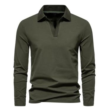 Imagem de Camisa polo masculina cor sólida punhos retos camisa de golfe gola aberta meio botão frontal pulôver, Verde militar, XG
